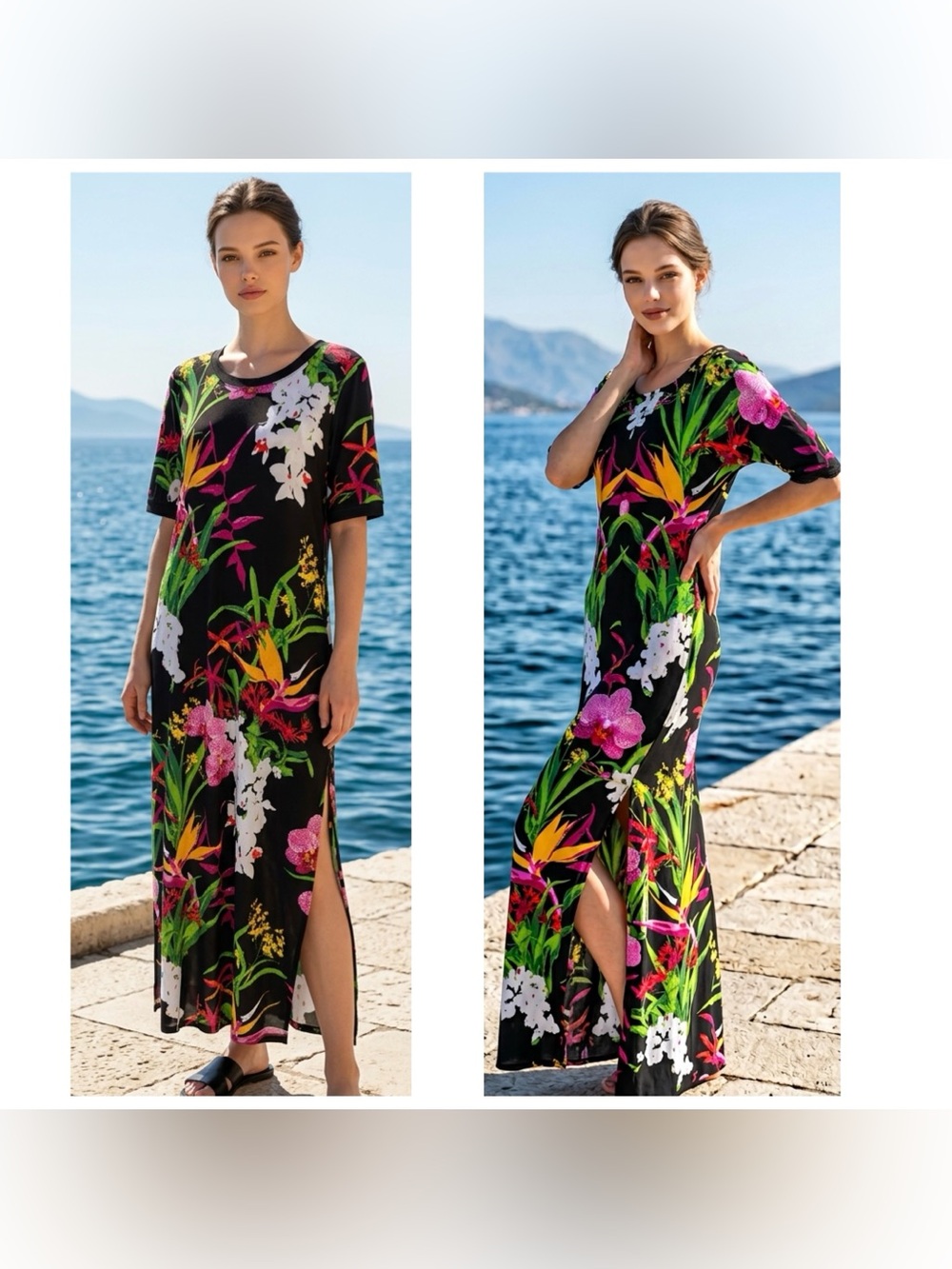 G.I.L.I. Got it Love it Women Sz M Floral Tropical Maxi Dress high side slits